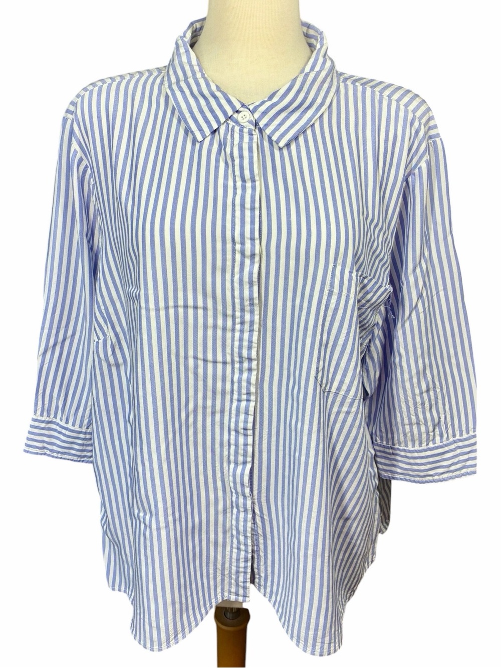 Per Se Blue and White Striped Button Front Collared Blouse Relaxed Women's 2X